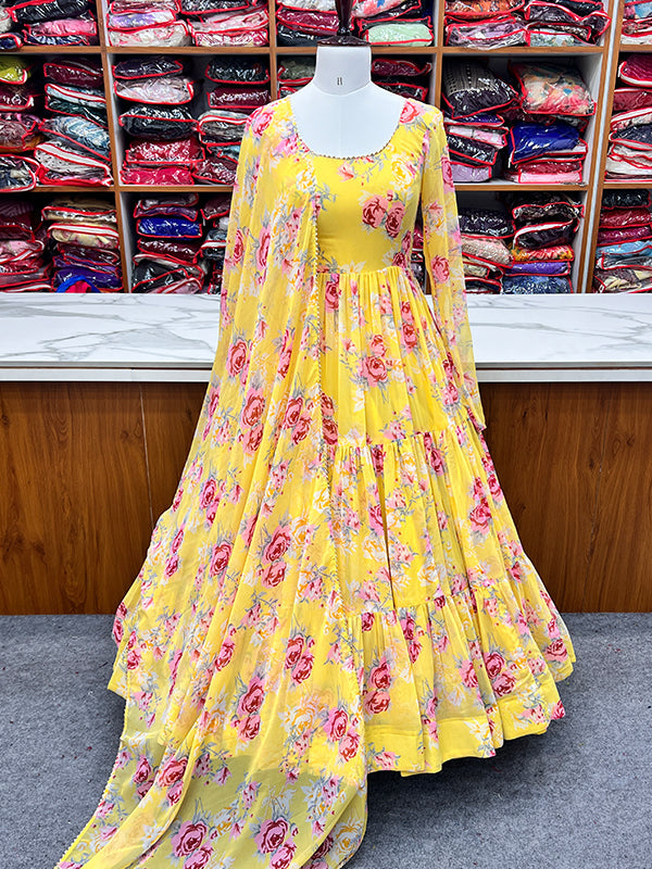 Yellow Layered Flower Printed Anarkali Gown With Pant & Dupatta Set