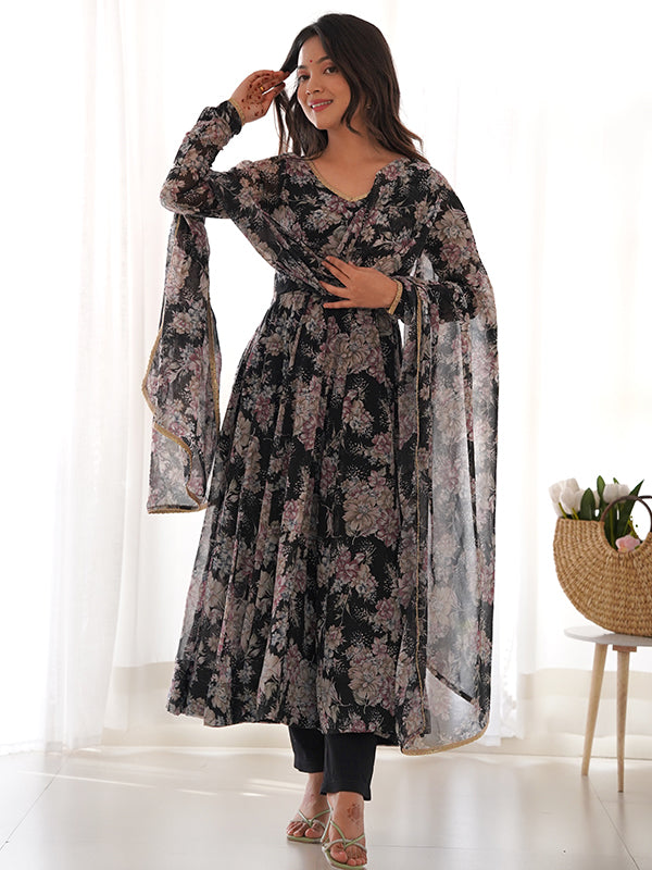 Black Printed Anarkali Gown With Pant & Dupatta Set