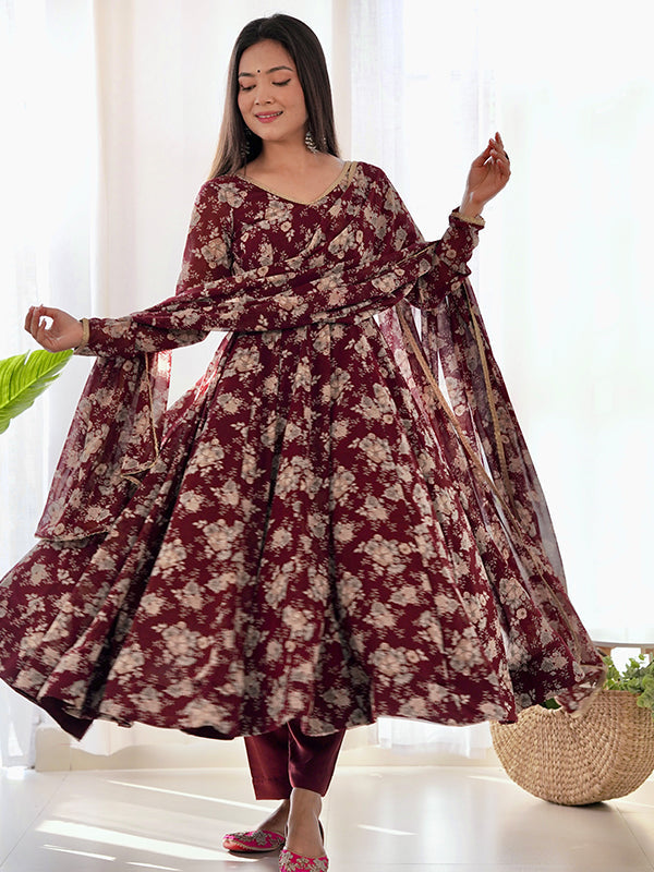 Maroon Printed Anarkali Gown With Pant & Dupatta Set