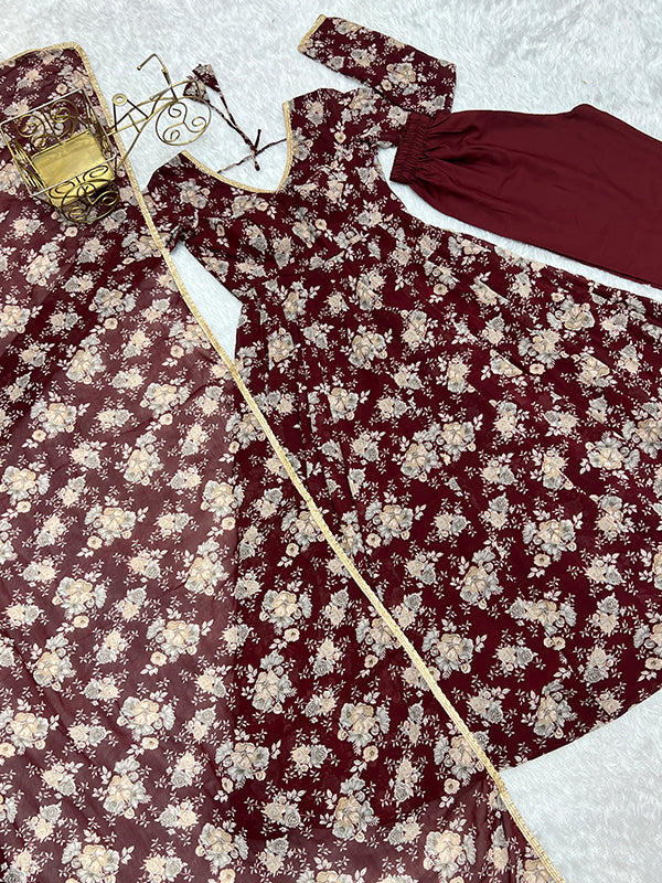 Maroon Printed Anarkali Gown With Pant & Dupatta Set