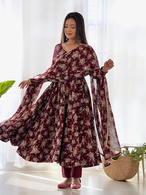 Maroon Printed Anarkali Gown With Pant & Dupatta Set