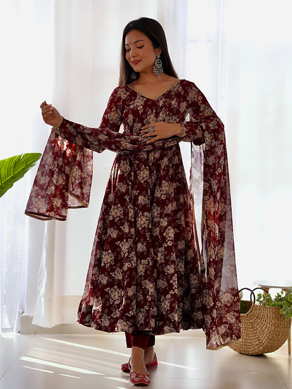 Maroon Printed Anarkali Gown With Pant & Dupatta Set