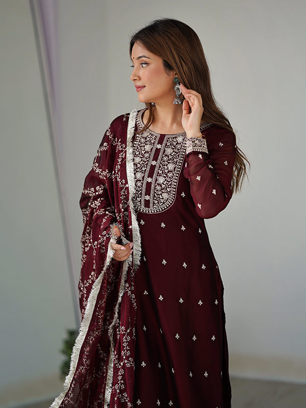 Maroon Silk Embroidered Straight Kurti With Pant & Dupatta Set