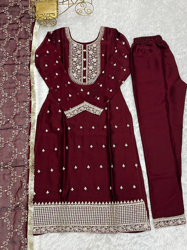 Maroon Silk Embroidered Straight Kurti With Pant & Dupatta Set