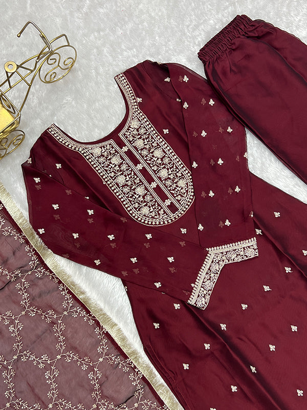 Maroon Silk Embroidered Straight Kurti With Pant & Dupatta Set