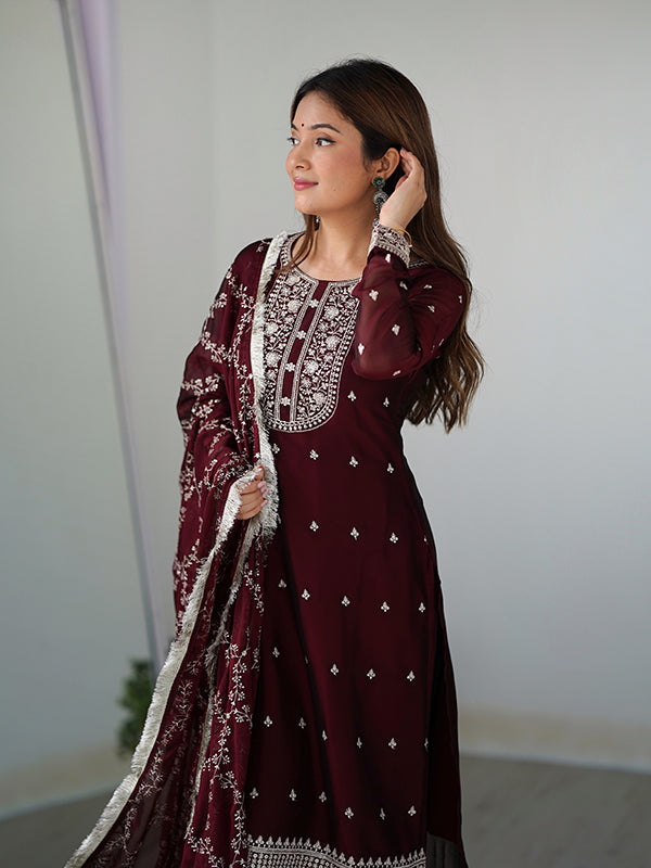 Maroon Silk Embroidered Straight Kurti With Pant & Dupatta Set