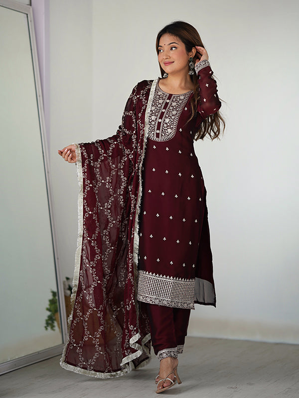 Maroon Silk Embroidered Straight Kurti With Pant & Dupatta Set