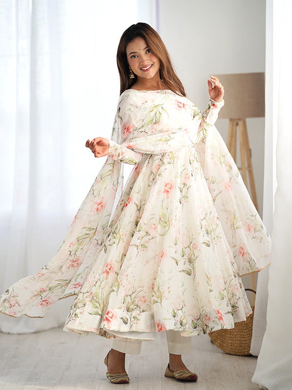 White Flower Printed Anarkali Gown With Pant & Dupatta Set