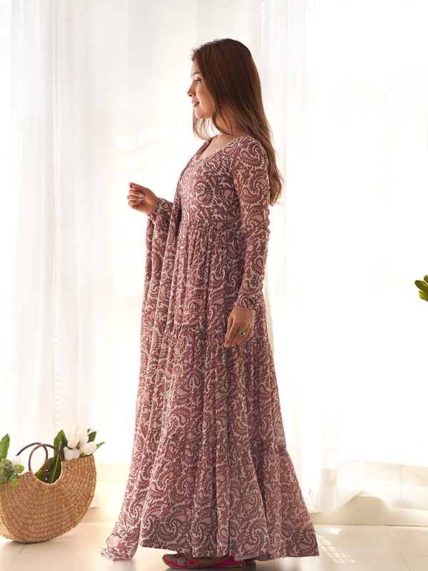 Layered Coffee Printed Anarkali Gown With Pant & Dupatta Set