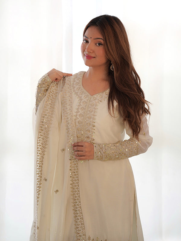 Off White Silk Embroidered Straight Chinon Silk Kurti Pant & Dupatta