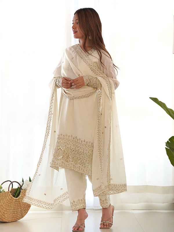 Off White Silk Embroidered Straight Chinon Silk Kurti Pant & Dupatta