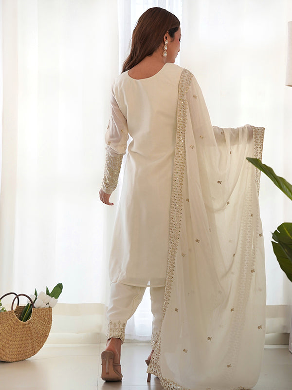 Off White Silk Embroidered Straight Chinon Silk Kurti Pant & Dupatta