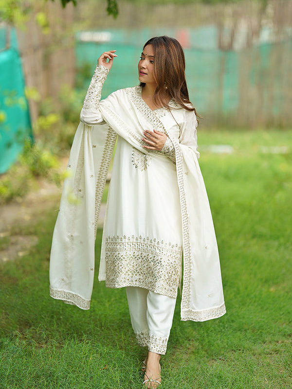 Off White Silk Embroidered Straight Chinon Silk Kurti Pant & Dupatta