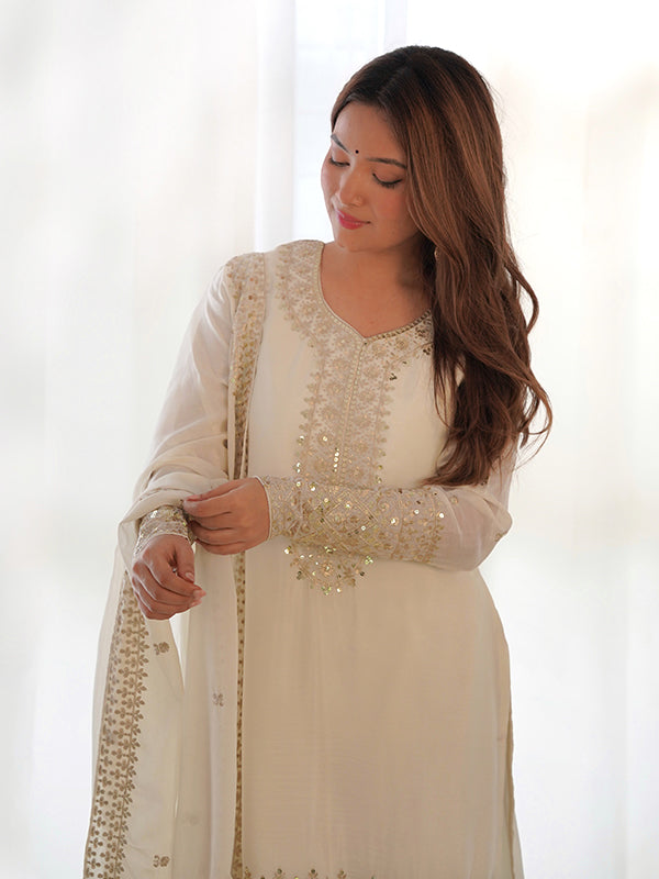 Off White Silk Embroidered Straight Chinon Silk Kurti Pant & Dupatta