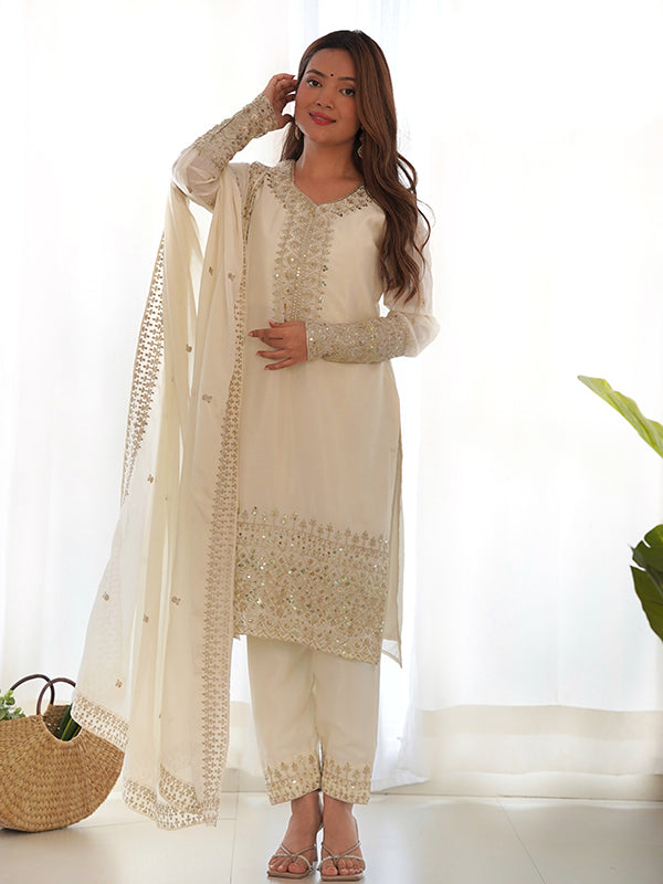 Off White Silk Embroidered Straight Chinon Silk Kurti Pant & Dupatta