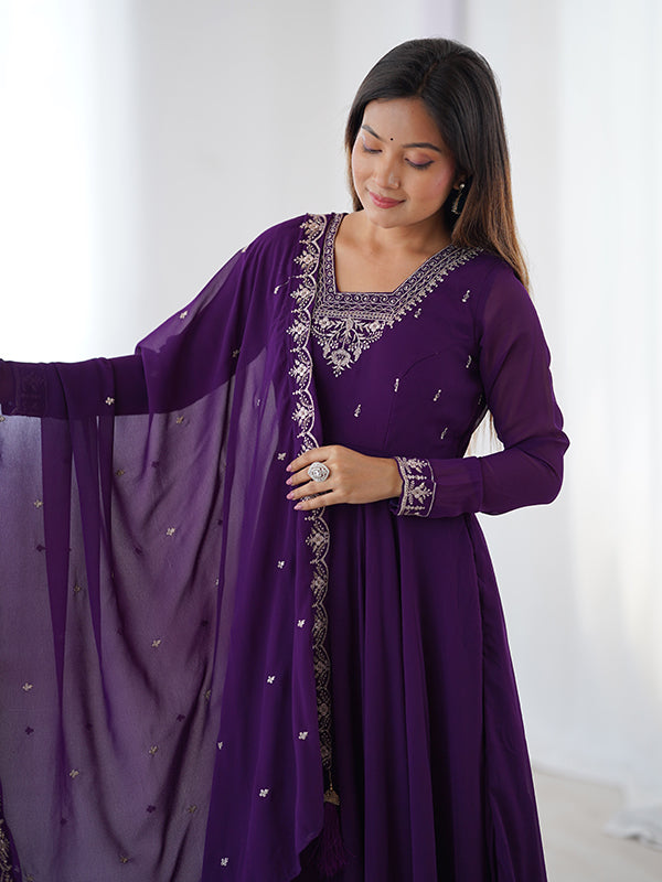 Purple Georgette Anarkali Gown With Pant & Dupatta Set