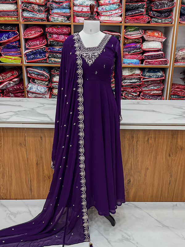 Purple Georgette Anarkali Gown With Pant & Dupatta Set