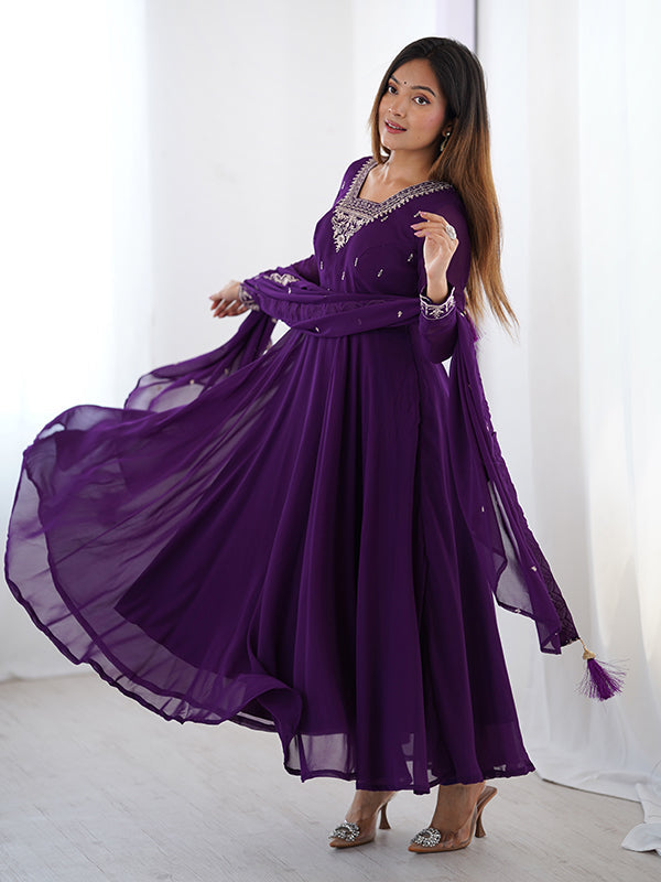 Purple Georgette Anarkali Gown With Pant & Dupatta Set