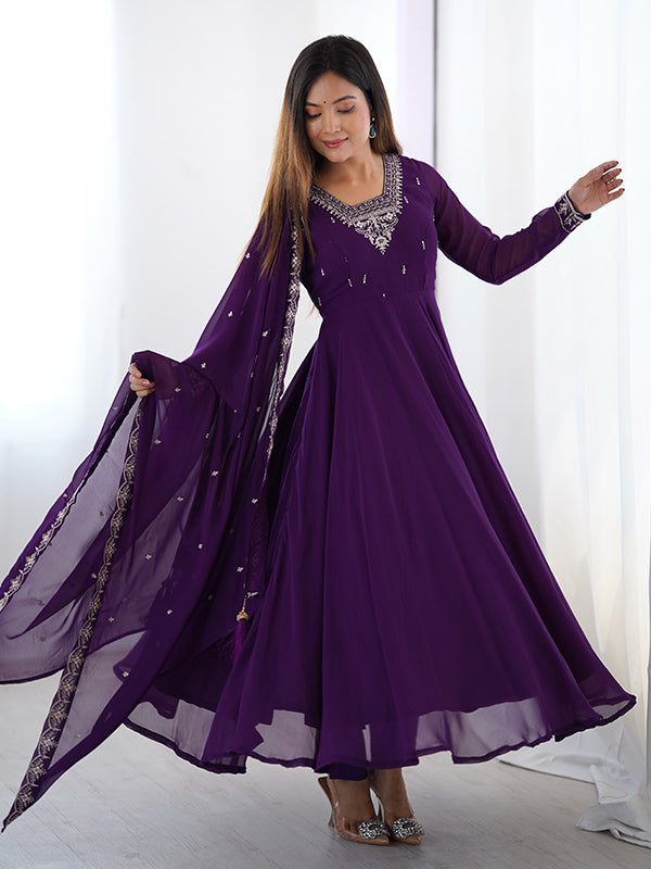 Purple Georgette Anarkali Gown With Pant & Dupatta Set
