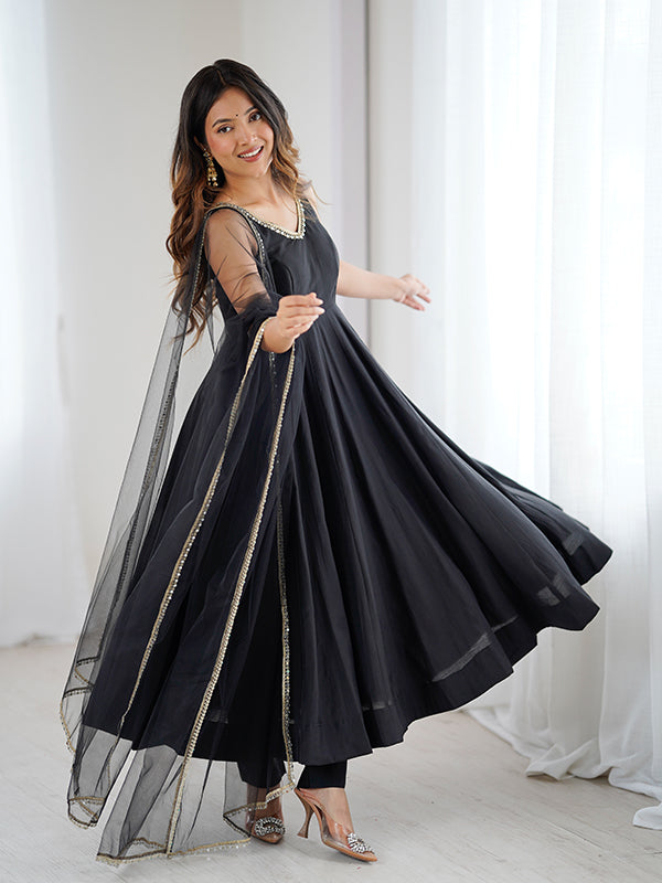 Black Roman Chanderi Silk Fully Flair Anarkali Gown With Dupatta