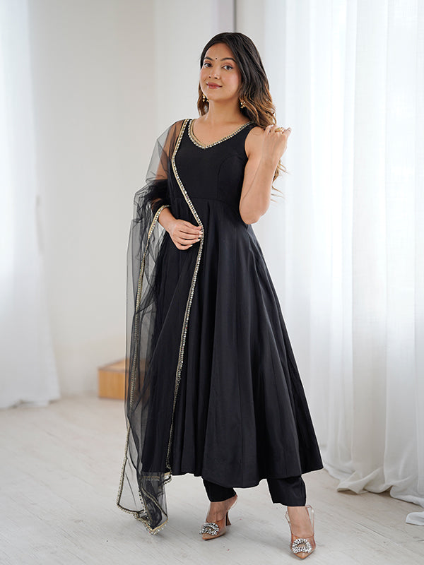Black Roman Chanderi Silk Fully Flair Anarkali Gown With Dupatta