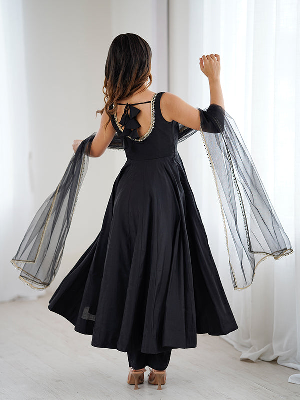 Black Roman Chanderi Silk Fully Flair Anarkali Gown With Dupatta