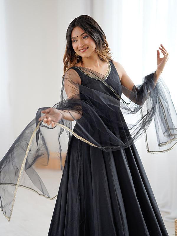 Black Roman Chanderi Silk Fully Flair Anarkali Gown With Dupatta