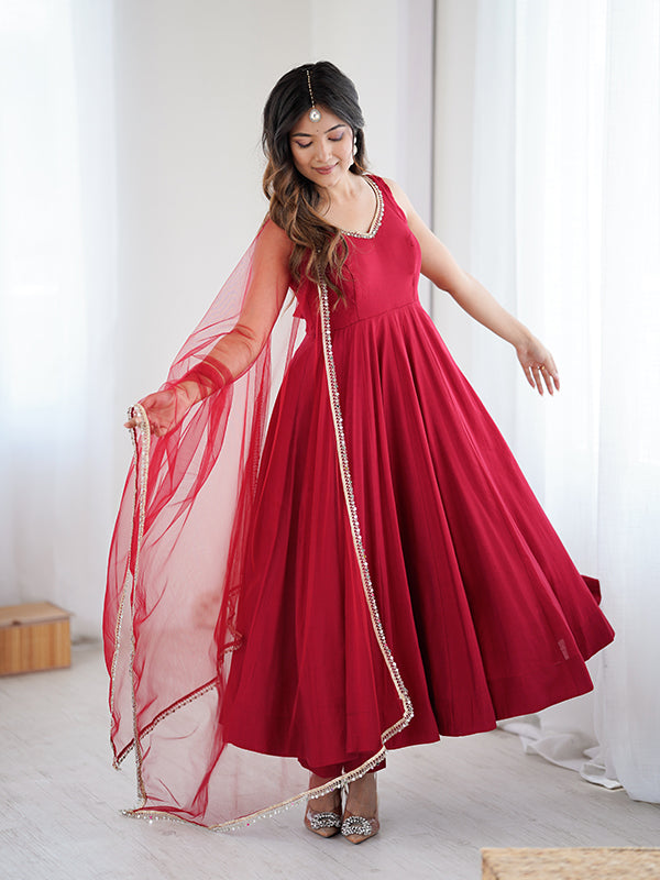 Maroon Roman Chanderi Silk Fully Flair Anarkali Gown With Dupatta