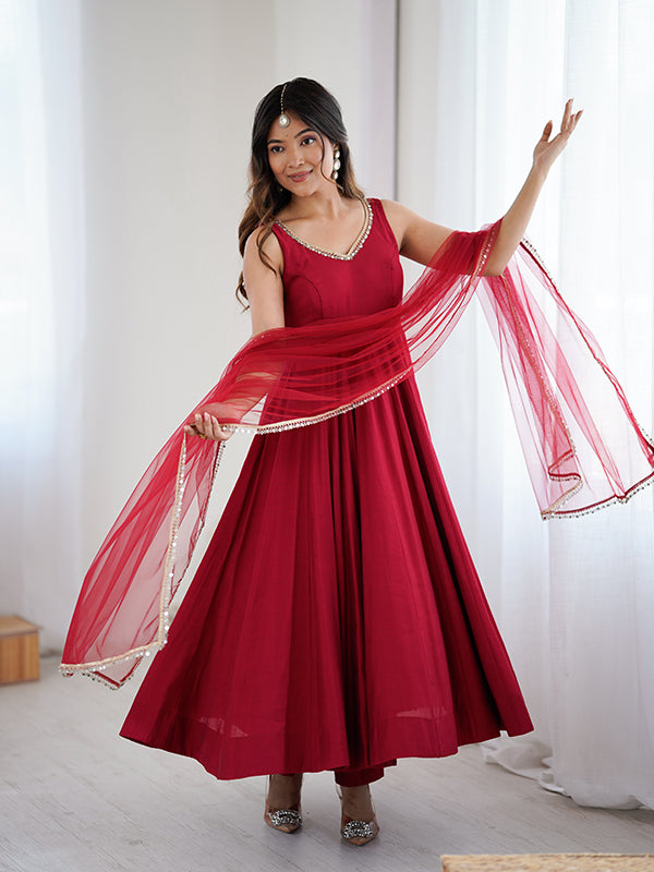 Maroon Roman Chanderi Silk Fully Flair Anarkali Gown With Dupatta