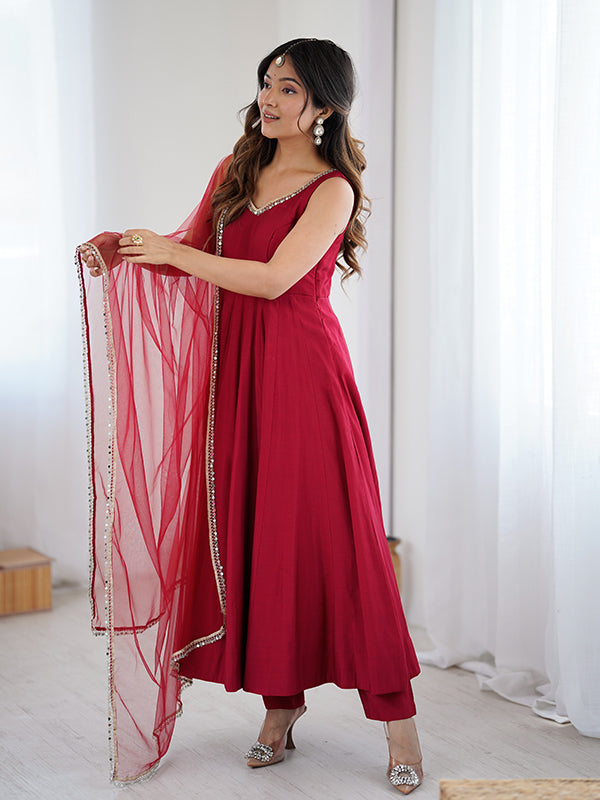 Maroon Roman Chanderi Silk Fully Flair Anarkali Gown With Dupatta