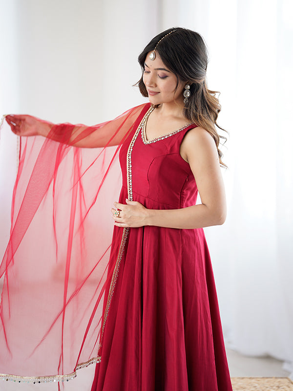 Maroon Roman Chanderi Silk Fully Flair Anarkali Gown With Dupatta