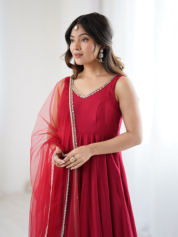 Maroon Roman Chanderi Silk Fully Flair Anarkali Gown With Dupatta