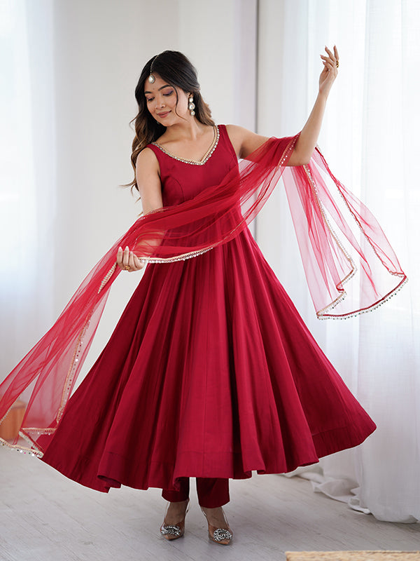 Maroon Roman Chanderi Silk Fully Flair Anarkali Gown With Dupatta