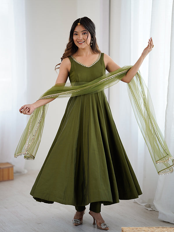 Mehndi Green Roman Chanderi Silk Fully Flair Anarkali Gown With Dupatta