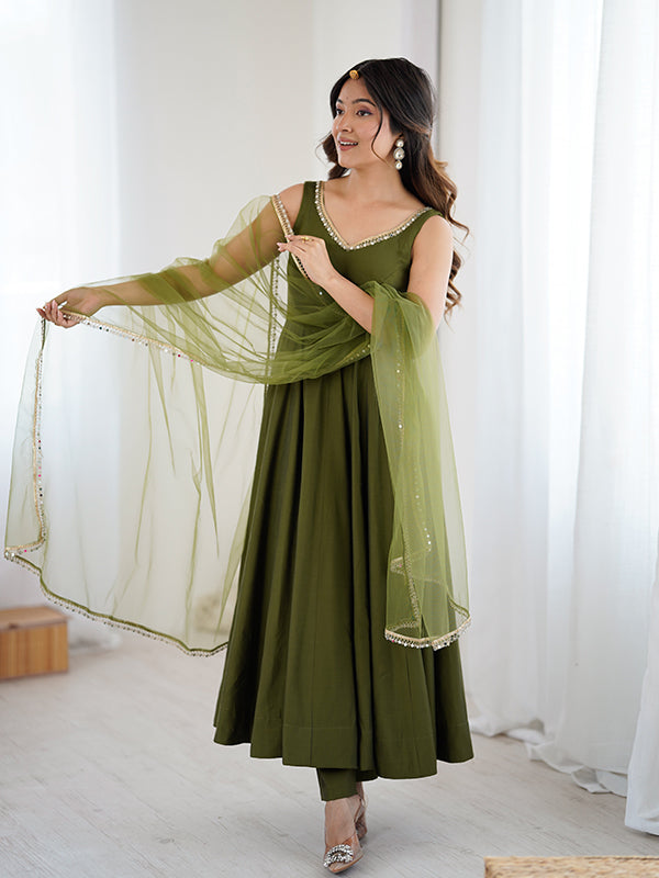 Mehndi Green Roman Chanderi Silk Fully Flair Anarkali Gown With Dupatta