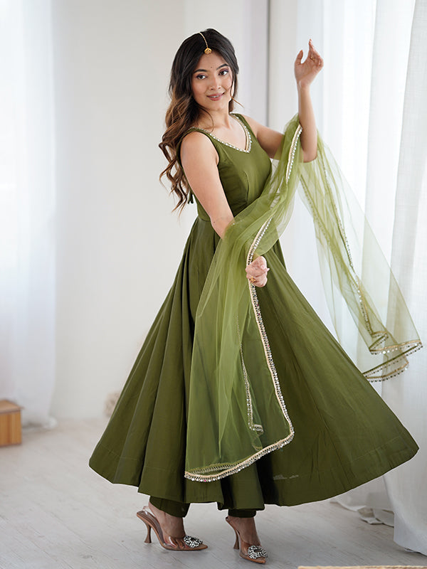 Mehndi Green Roman Chanderi Silk Fully Flair Anarkali Gown With Dupatta