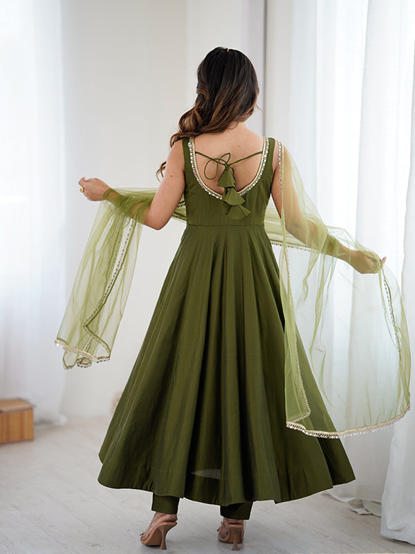 Mehndi Green Roman Chanderi Silk Fully Flair Anarkali Gown With Dupatta