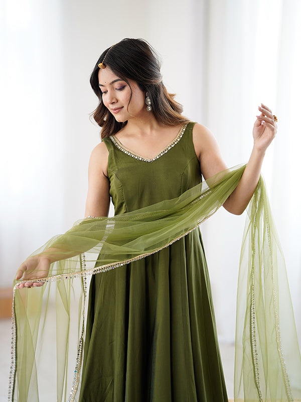 Mehndi Green Roman Chanderi Silk Fully Flair Anarkali Gown With Dupatta