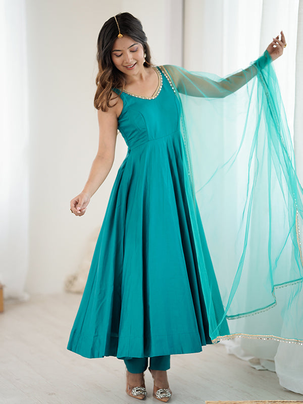 Rama Blue Roman Chanderi Silk Fully Flair Anarkali Gown With Dupatta