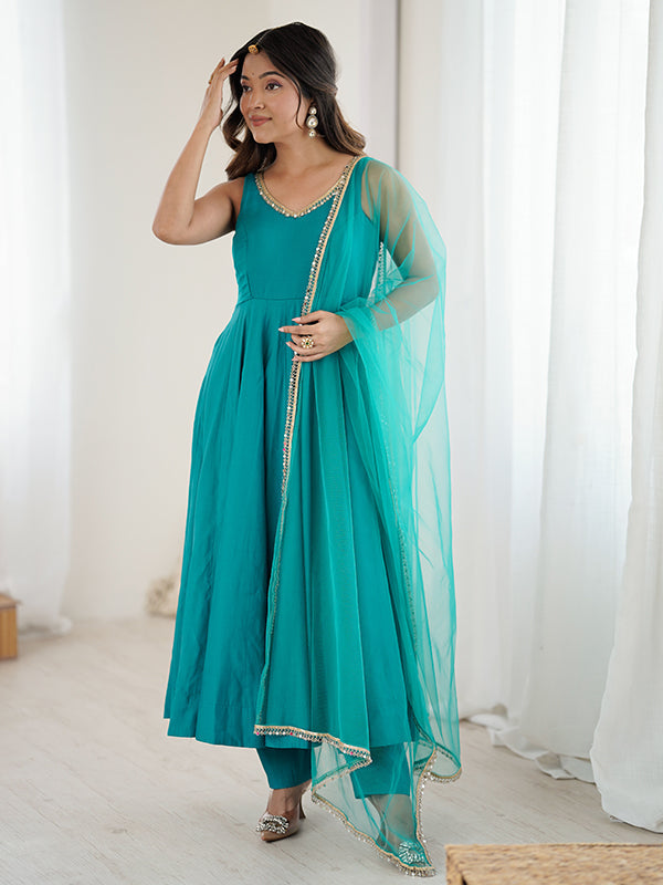 Rama Blue Roman Chanderi Silk Fully Flair Anarkali Gown With Dupatta
