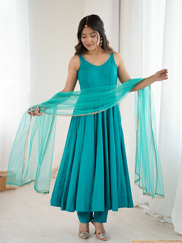 Rama Blue Roman Chanderi Silk Fully Flair Anarkali Gown With Dupatta