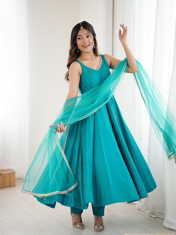 Rama Blue Roman Chanderi Silk Fully Flair Anarkali Gown With Dupatta