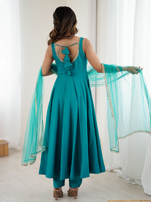 Rama Blue Roman Chanderi Silk Fully Flair Anarkali Gown With Dupatta