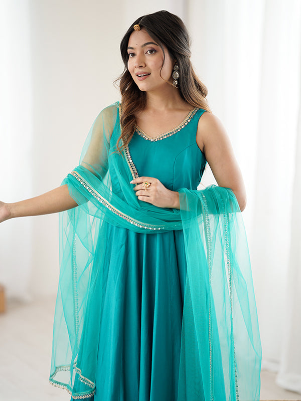 Rama Blue Roman Chanderi Silk Fully Flair Anarkali Gown With Dupatta