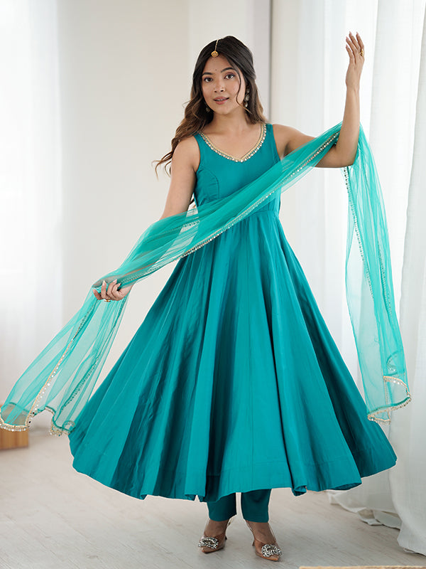 Rama Blue Roman Chanderi Silk Fully Flair Anarkali Gown With Dupatta