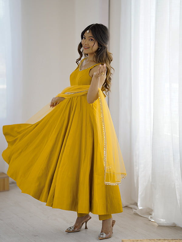 Yellow Roman Chanderi Silk Fully Flair Anarkali Gown With Dupatta
