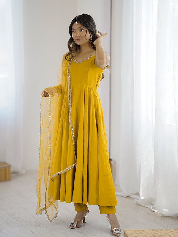 Yellow Roman Chanderi Silk Fully Flair Anarkali Gown With Dupatta