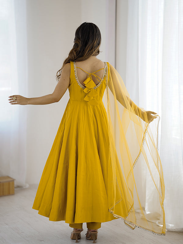 Yellow Roman Chanderi Silk Fully Flair Anarkali Gown With Dupatta