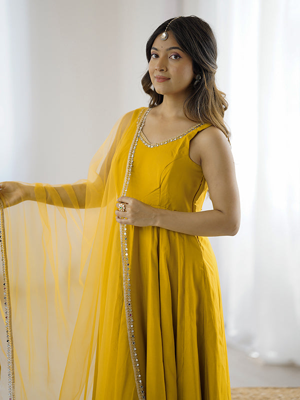 Yellow Roman Chanderi Silk Fully Flair Anarkali Gown With Dupatta