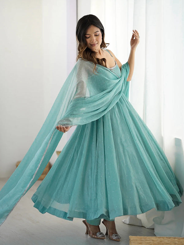 Sky Blue Siroski Work Anarkali Gown With Pant & Dupatta Set